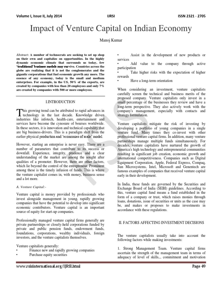 Impact of Venture Capital On Indian Economy | PDF | Corporate Finance ...