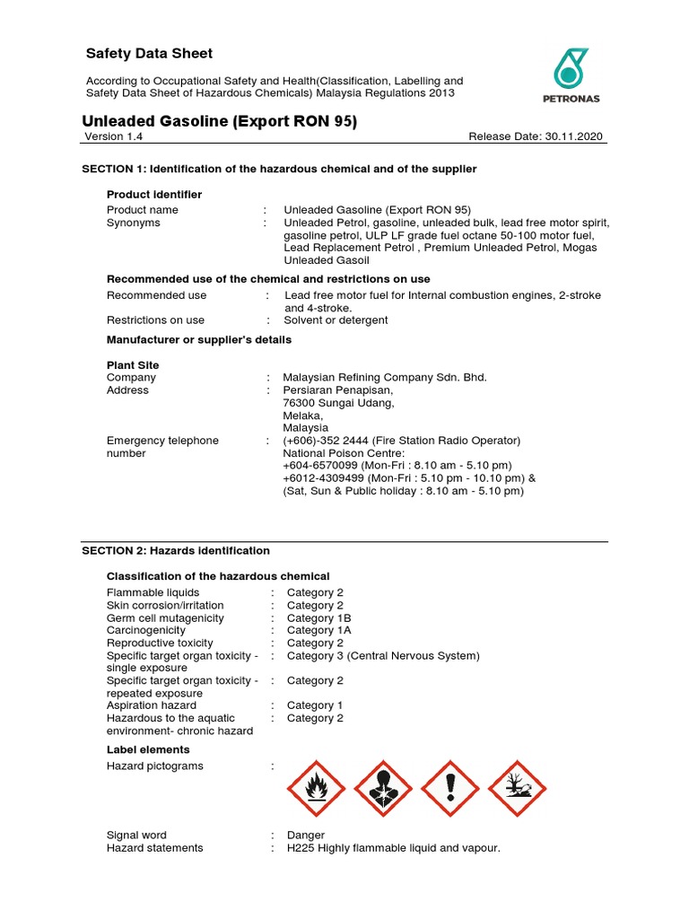 Unleaded Gasoline (Export RON 95) Safety Data Sheet PDF Gasoline