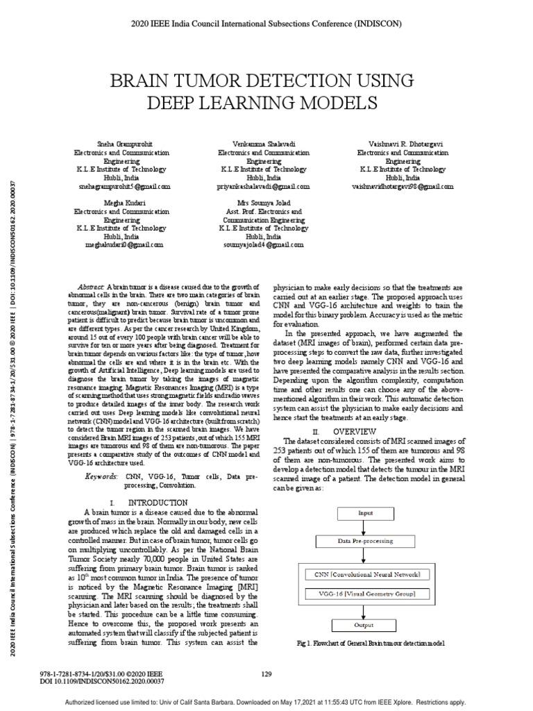 Brain Tumor Detection Using Deep Learning Models: 2020 IEEE India ...
