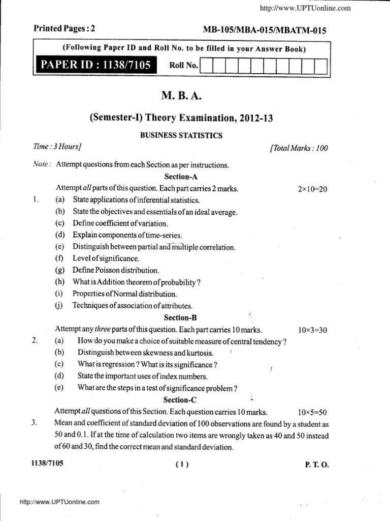 Mba-1-Sem-Business-Statistics-Mba-Aktu-Previous Year Paper | PDF ...