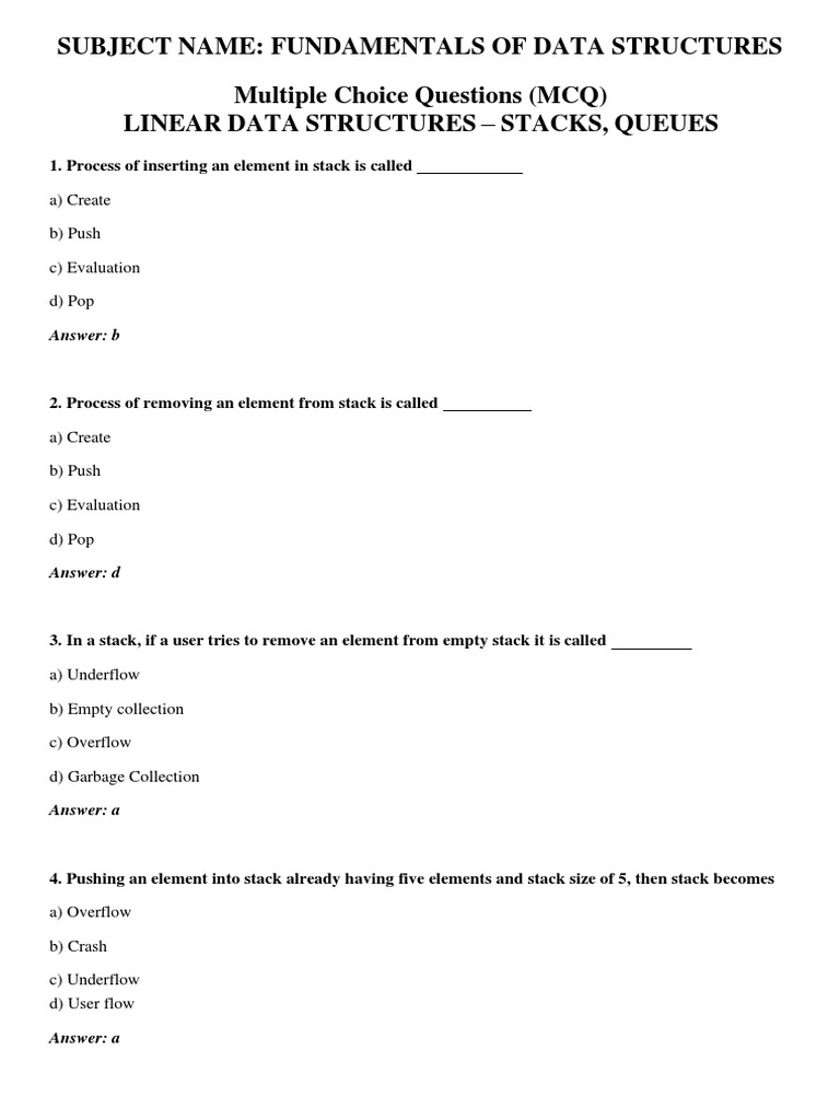 Subject Name: Fundamentals of Data Structures Multiple Choice Questions ...