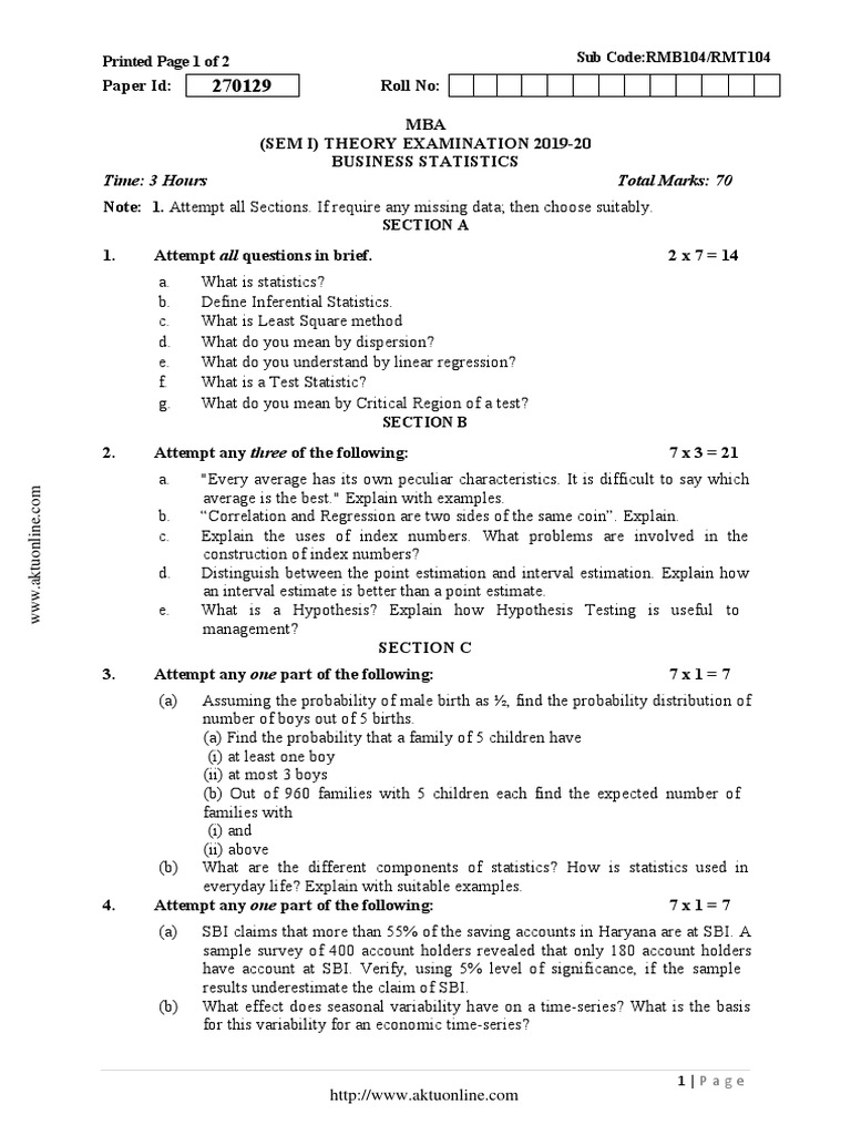 MBA Business Statistics Exam 2019-20 | PDF | Statistics | Methodology