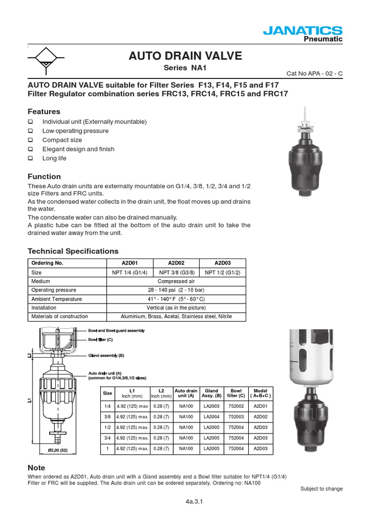 Janatics Auto Drain Valve PDF Valve Manufactured Goods