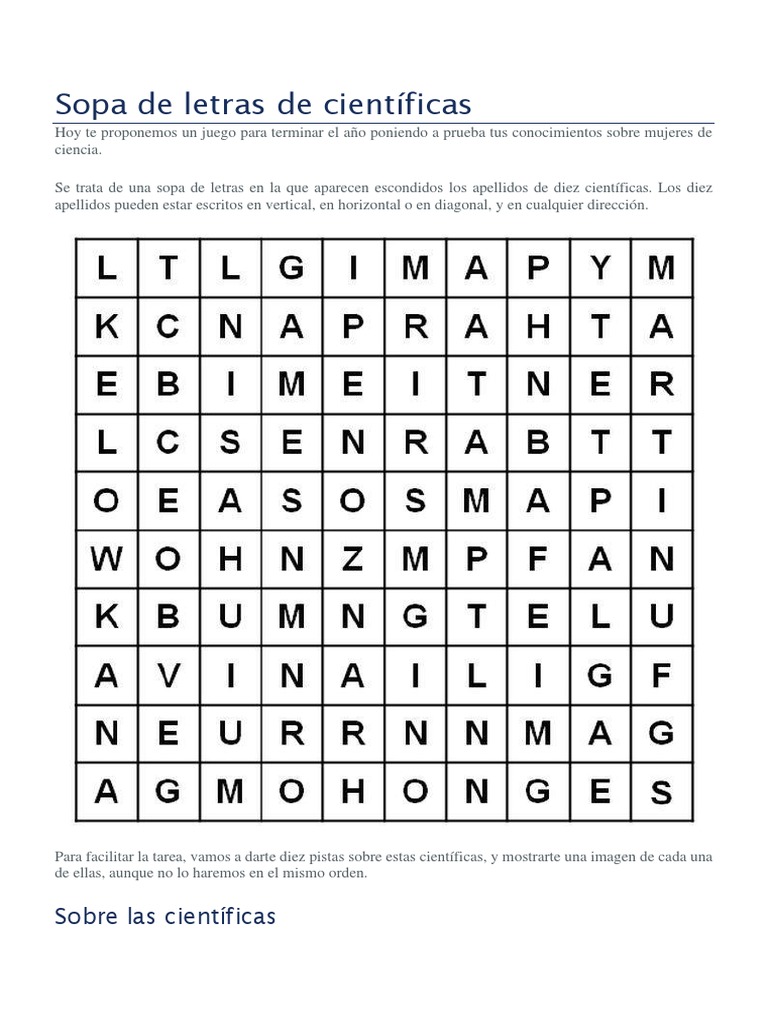 Sopa de Letras de Científicas PDF