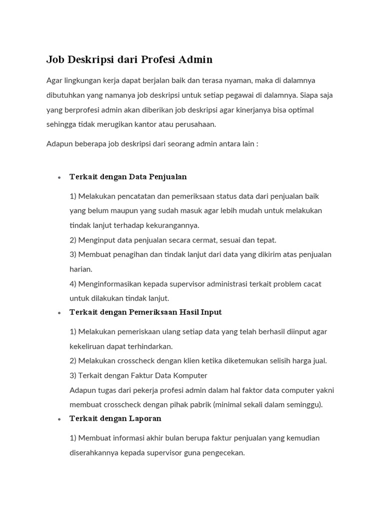 Deskripsi Pekerjaan Profesi Admin | PDF