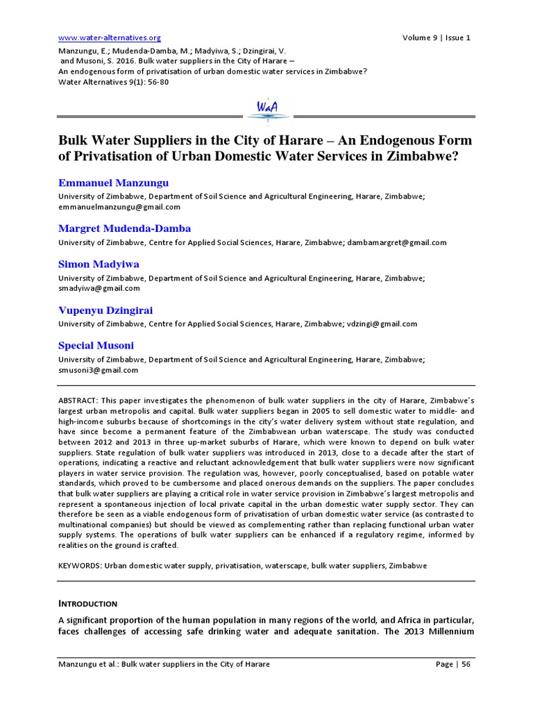 Bulk Water Suppliers in The City of Harare An Endogenous Form of Privatisation of Urban
