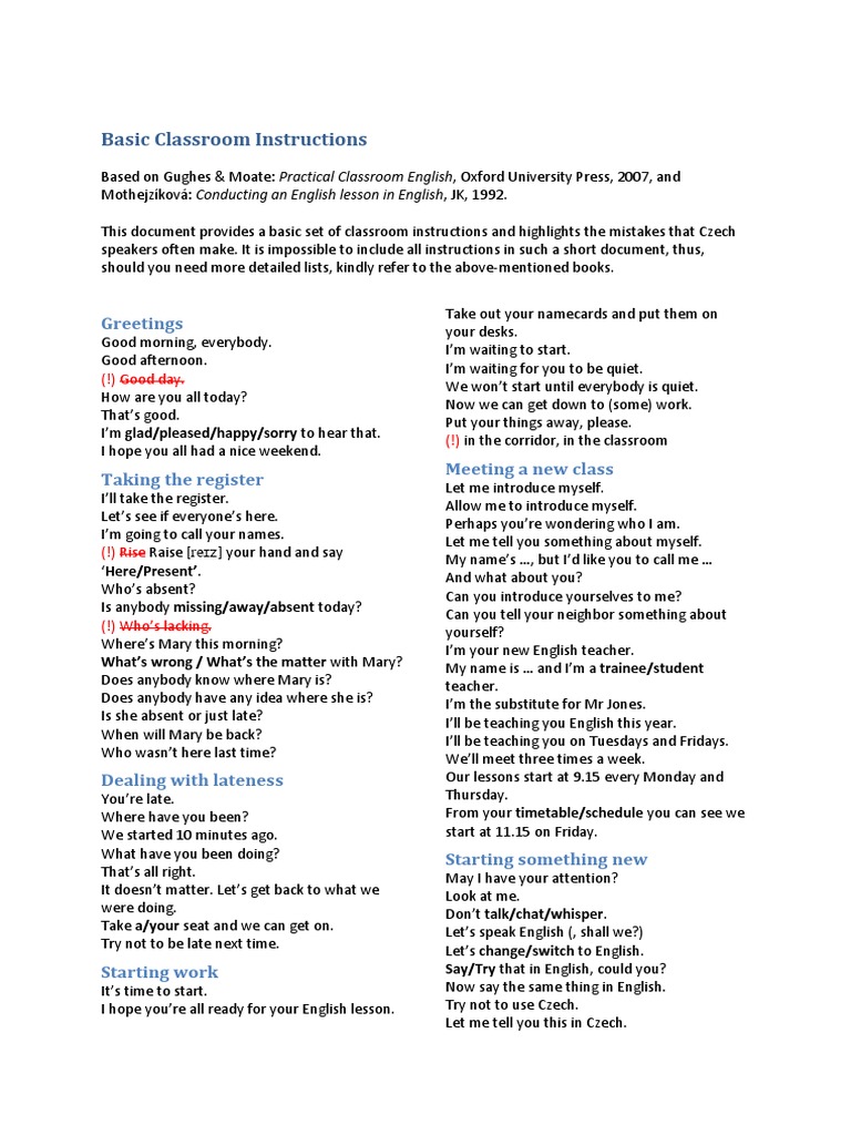 Basic Classroom Instructions PDF Classroom