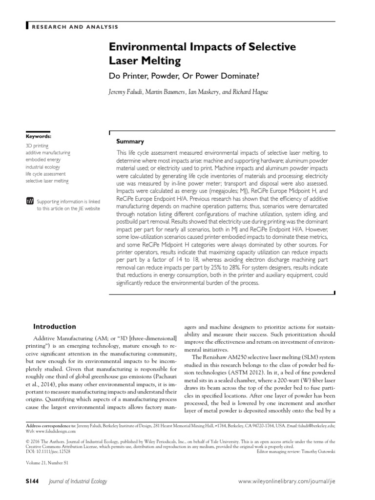 Environmental Impacts of Selective Laser Melting Do Printer, Powder