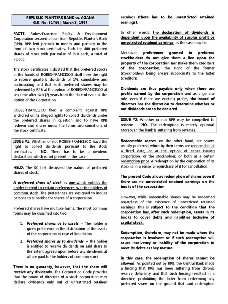 Republic Planters Bank vs. Agana PDF Preferred Stock Stocks
