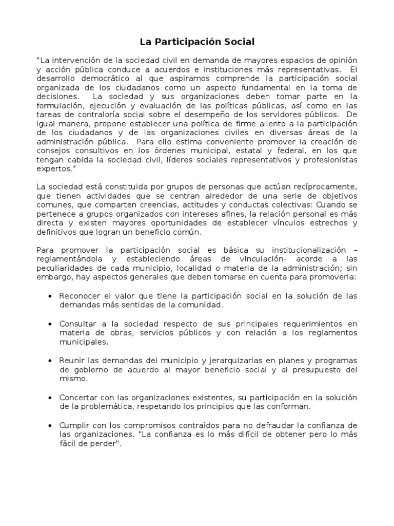 La Participación Social | PDF | Gobierno local | Participación pública