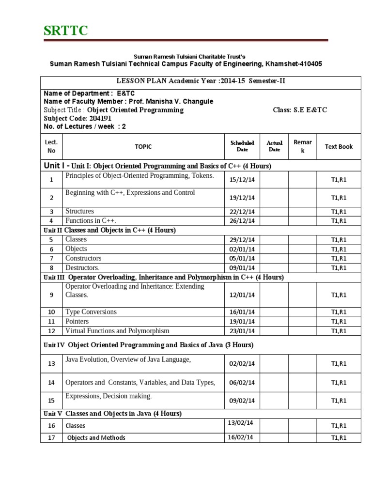 OOP�s Lesson Plan PDF C++ Object Oriented Programming