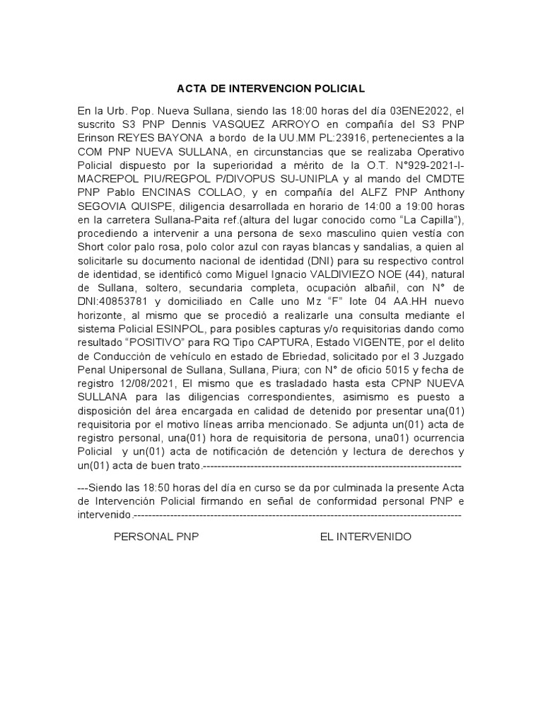 Acta de intervencion policial rq vasquez arroyo pdf justicia