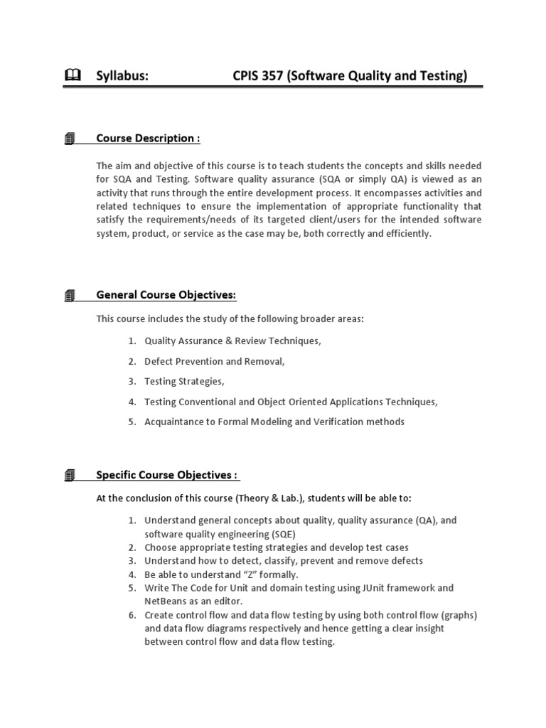 Syllabus Course Description PDF Software Testing Software Quality