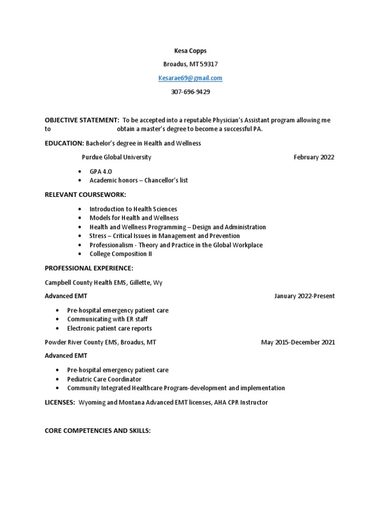 Physician Assistant Program Application Resume | PDF | Emergency ...