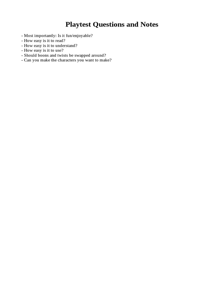 Playtest Questions and Notes | PDF