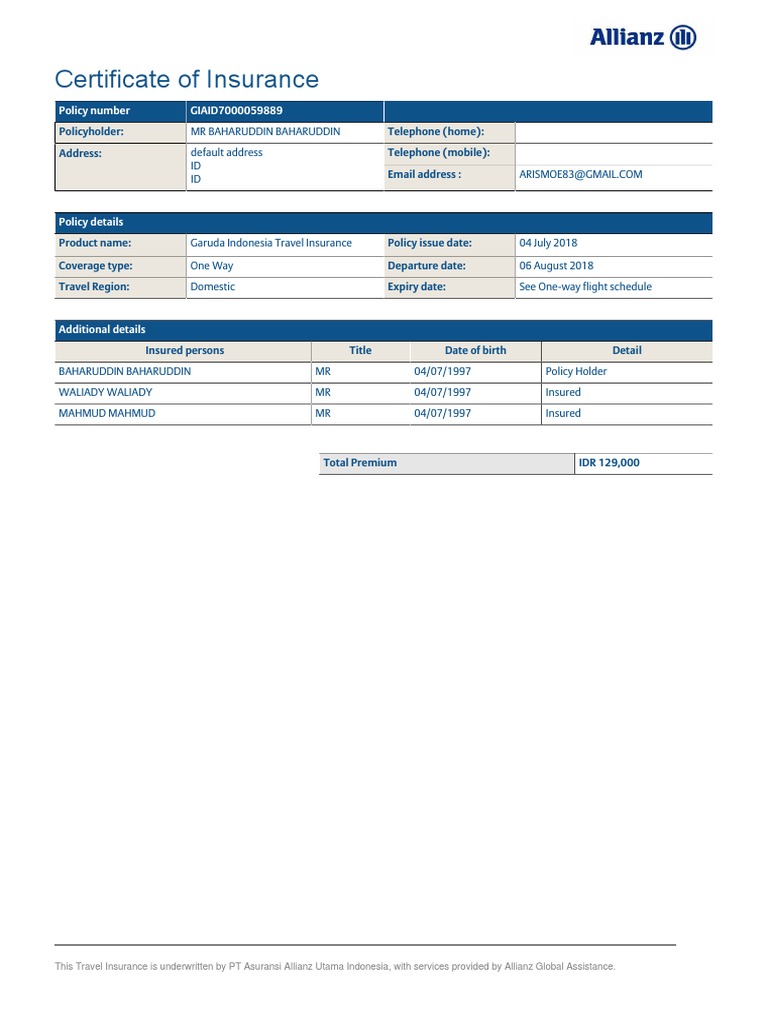 Certificate of Insurance: Policyholder: Telephone (Home) : Telephone ...