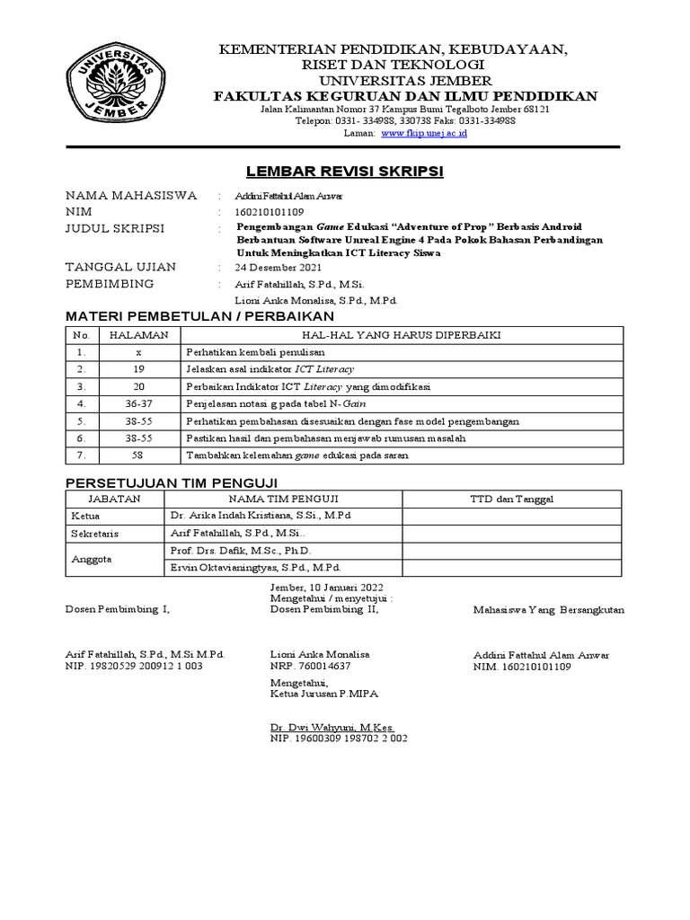 Lembar Revisi Skripsi Mahasiswa UNY | PDF | Komputer