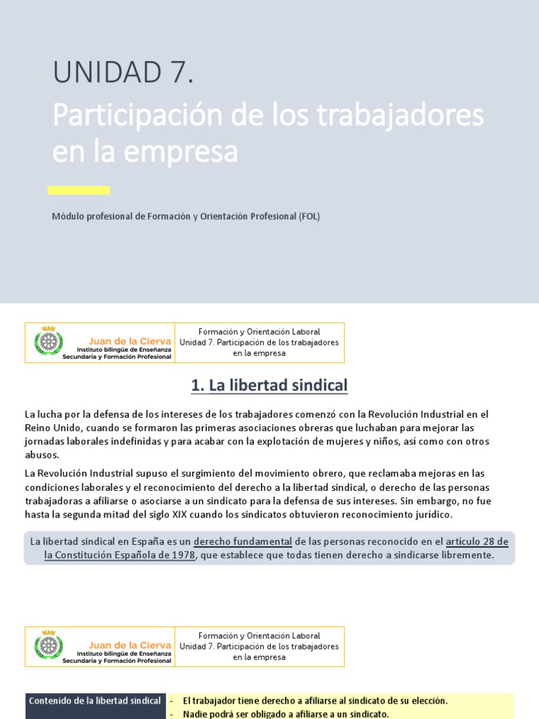 UT7. Participación de Los Trabajadores en La Empresa | PDF | Sindicato ...