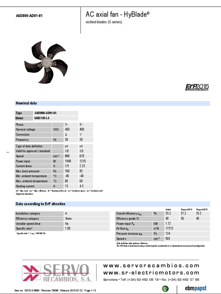 Ac Axial Fan Hyblade A6D800Ad0101 PDF Electric Motor