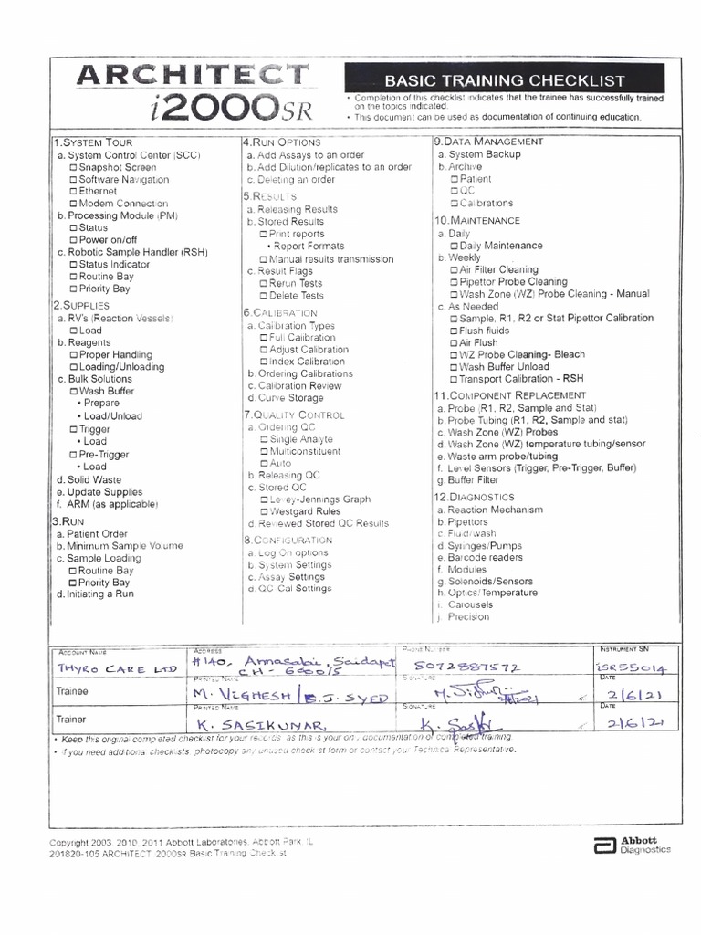 Architect 2000SR Training Checklist | PDF | Calibration
