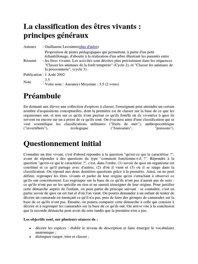 Classification des êtres vivants en classe | PDF | Phylogenèse | Espèces