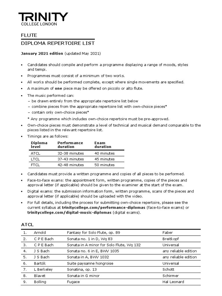 Flute Diploma Repertoire List January 2021 Edition (Updated May 2021