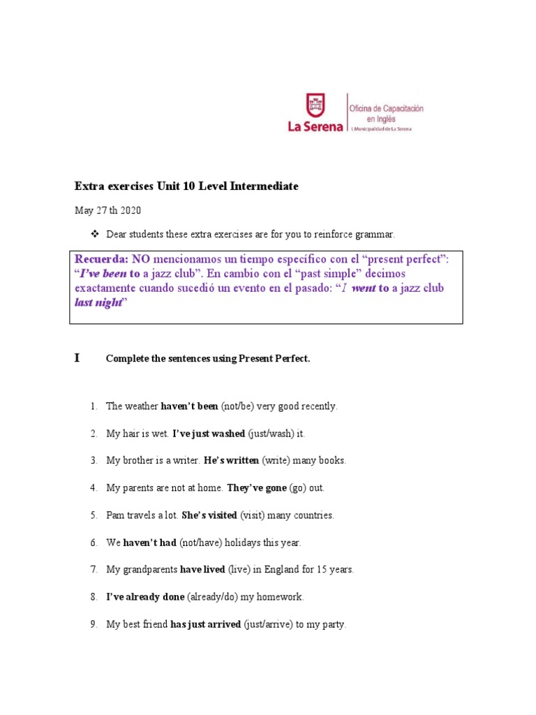 Extra Exercises Unit 10 Level Intermediate May 27 TH 2020 | PDF ...