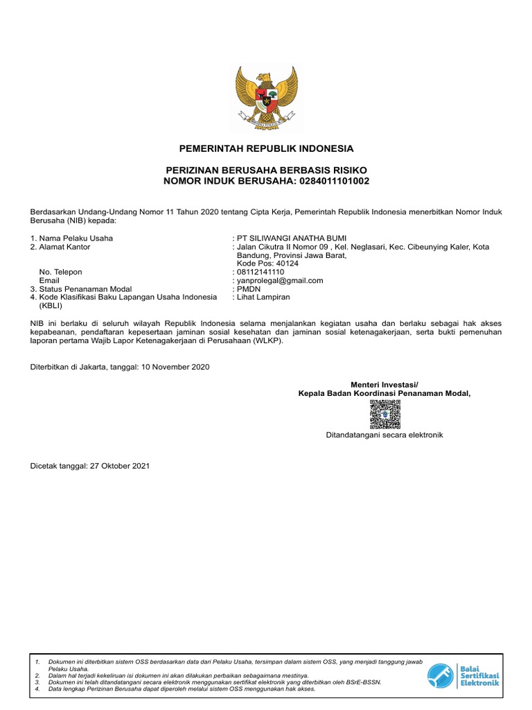 NIB PT Siliwangi Anatha Bumi 2020 | PDF