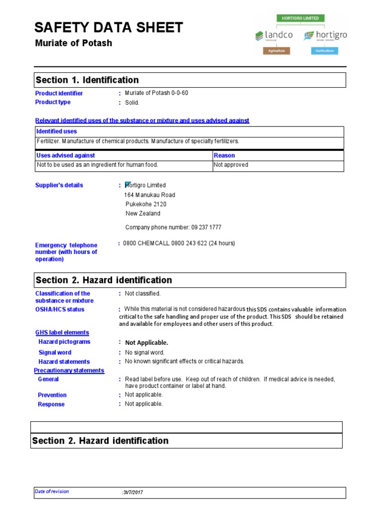 MSDSMuriate of Potash 2017 PDF Toxicity Occupational Safety And