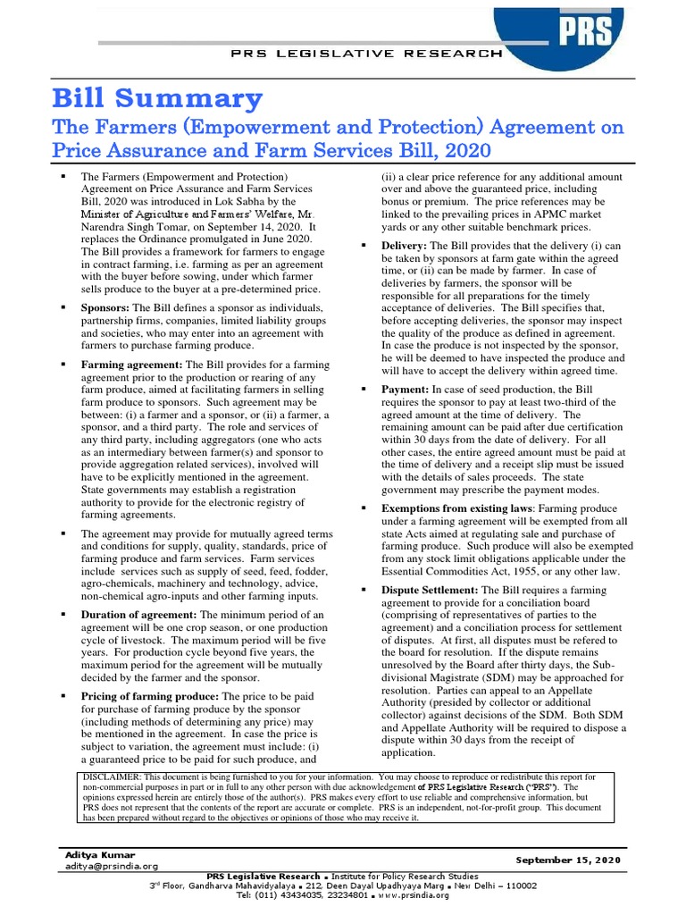 Farmers' Agreement Bill Summary 2020 | PDF | Payments | Business
