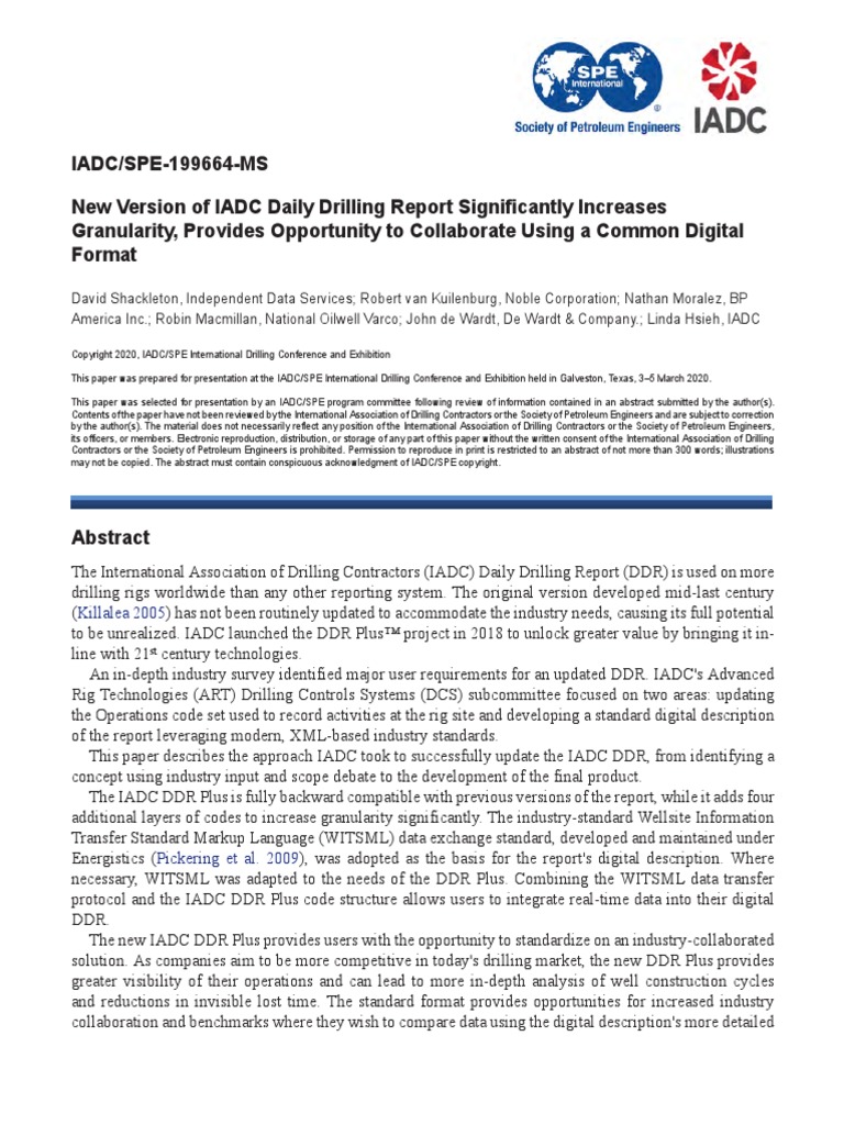 New Version of IADC Daily Drilling Report Significantly Increases | PDF ...