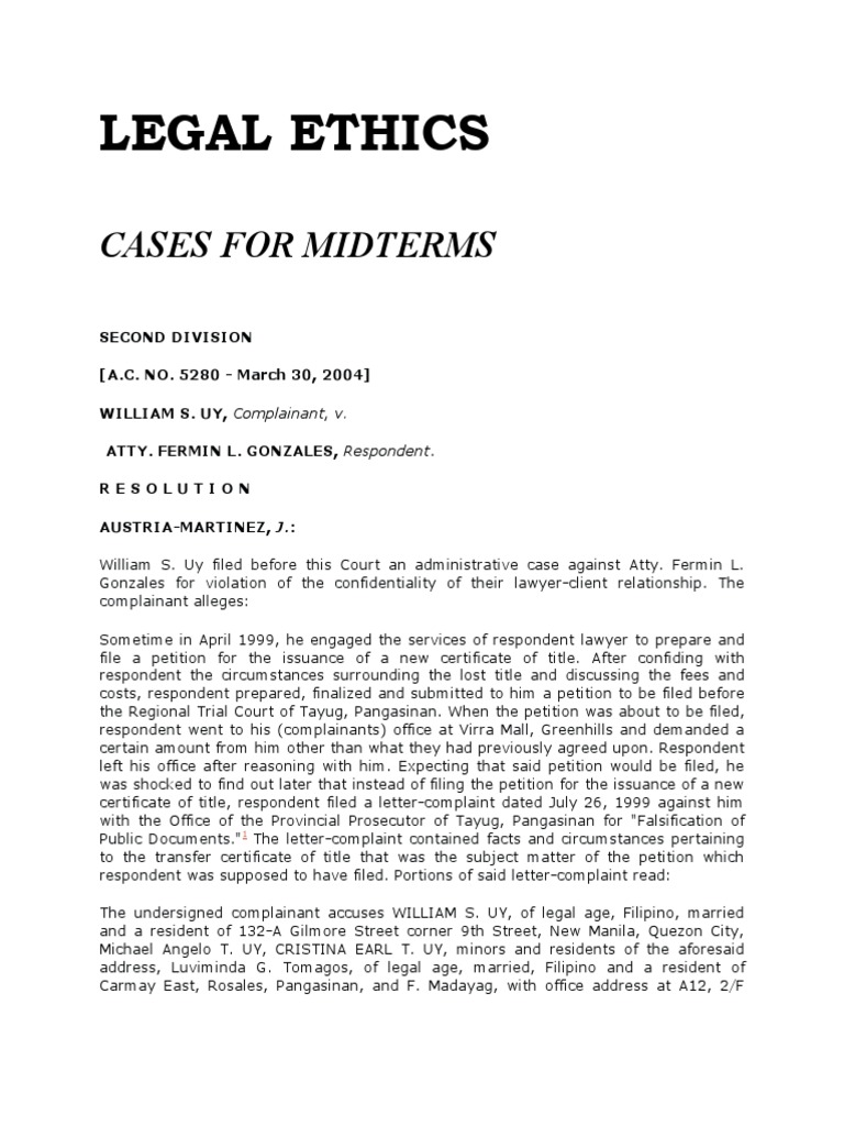 Legal Ethics Cases For Midterms PDF Right To Counsel Prosecutor