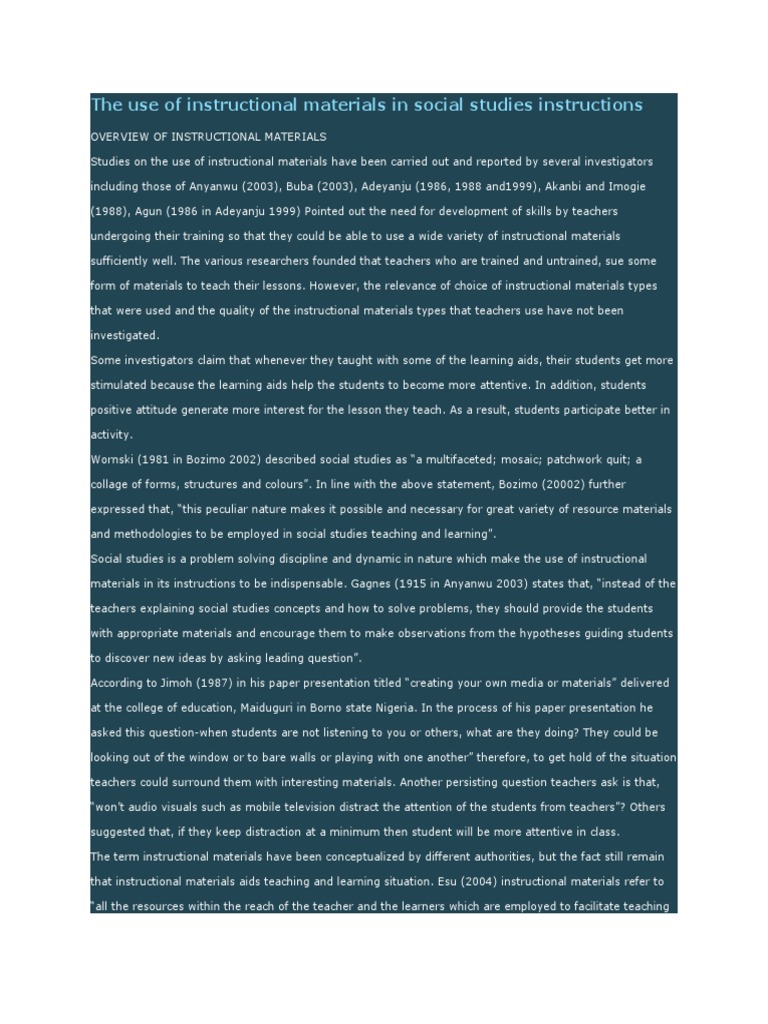 The Use of Instructional Materials in Social Studies Instructions PDF