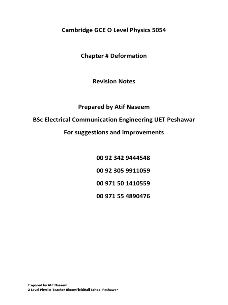 O Level Physics: Deformation Revision Notes | PDF | Elasticity (Physics ...
