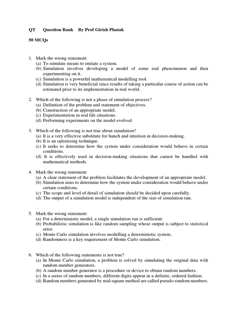 QT Question Bank by Prof Girish Phatak 50 Mcqs PDF Monte Carlo