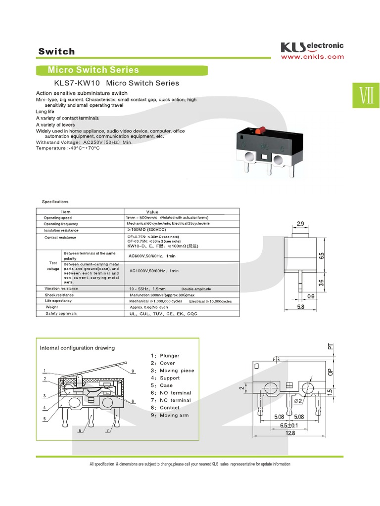 KW10 Micro Switch Specifications | PDF | Switch | Printed Circuit Board
