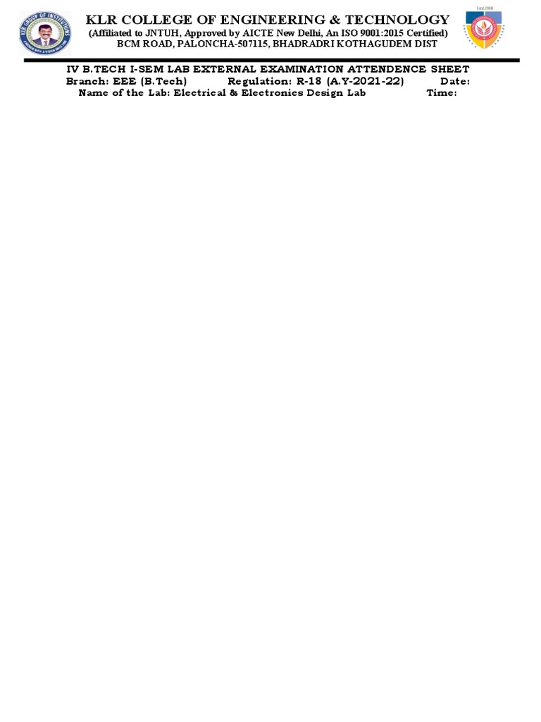EEE Lab Exam Attendance Sheet R-18 | PDF | Engineering