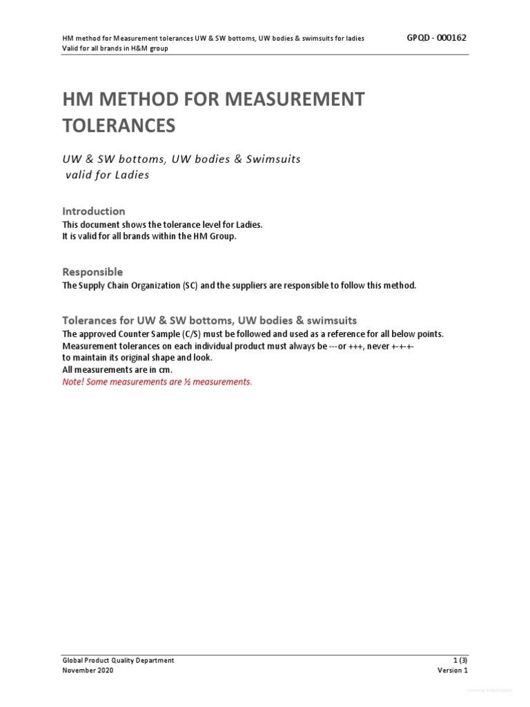HM Measurement Tolerances For Underwear & Swimwear Bottoms, Ladies ...