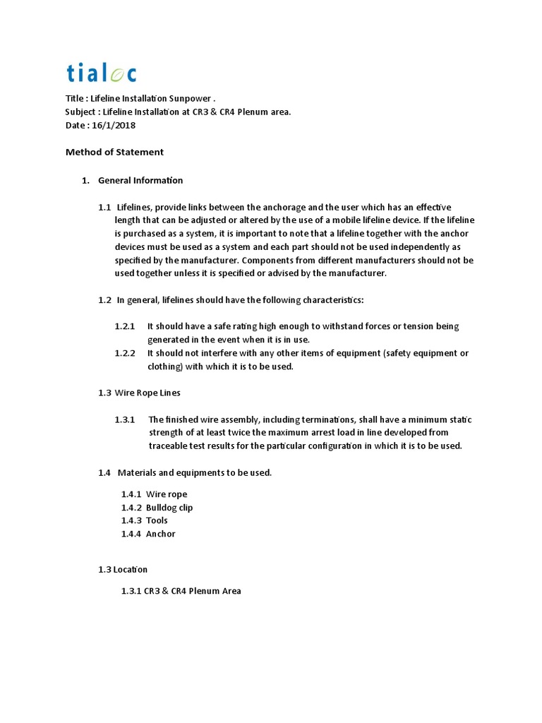 Method Statment Installation Lifeline | PDF | Personal Protective ...