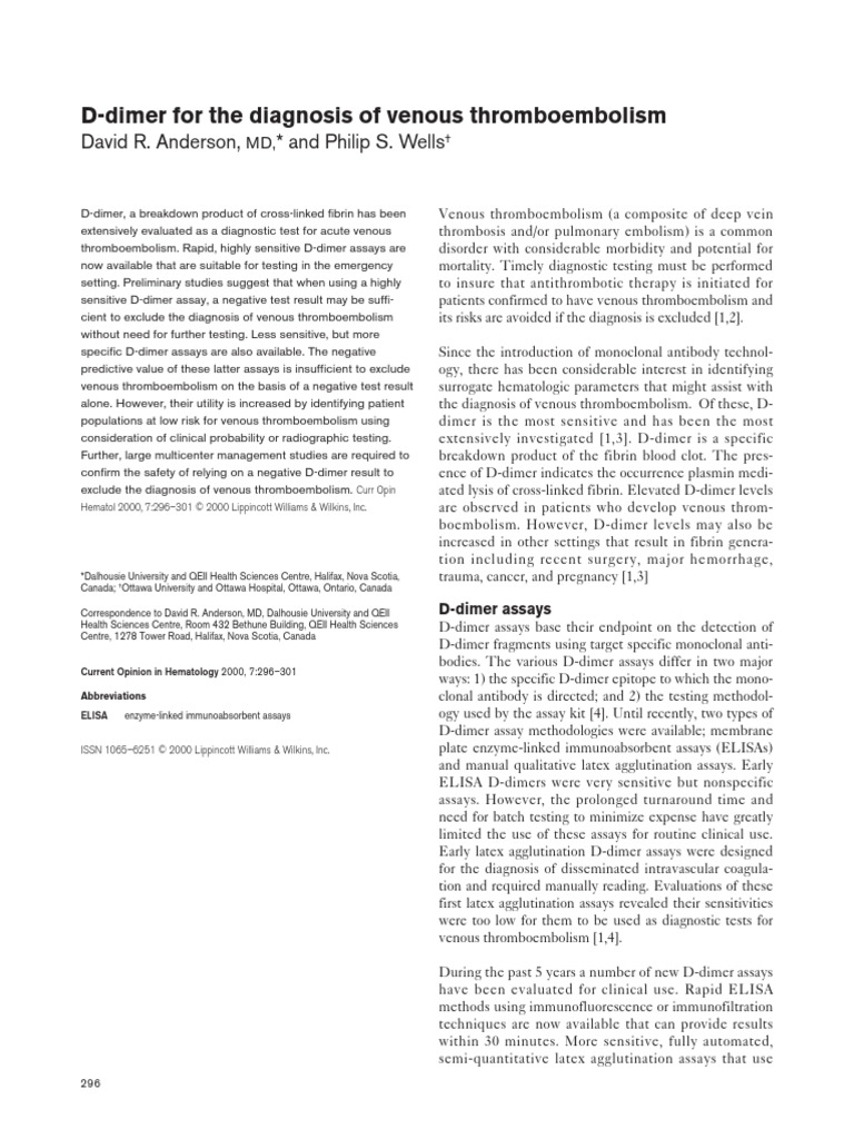 DDimer For The Diagnosis of Venous Thromboembolism PDF Thrombosis