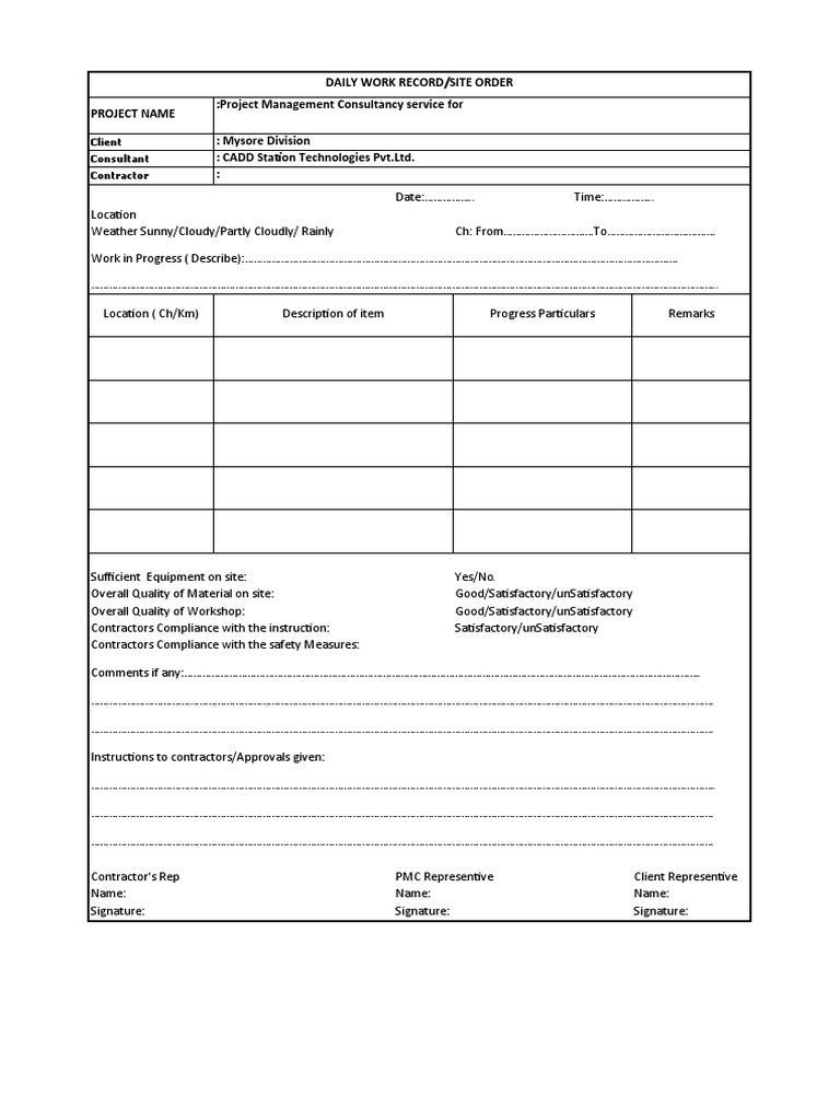 Daily Work Record/Site Order Project Name:Project Management ...