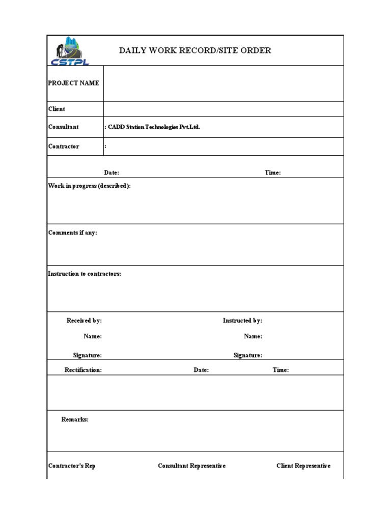 Daily Work Record/Site Order:: CADD Station Technologies PVT - Ltd. | PDF