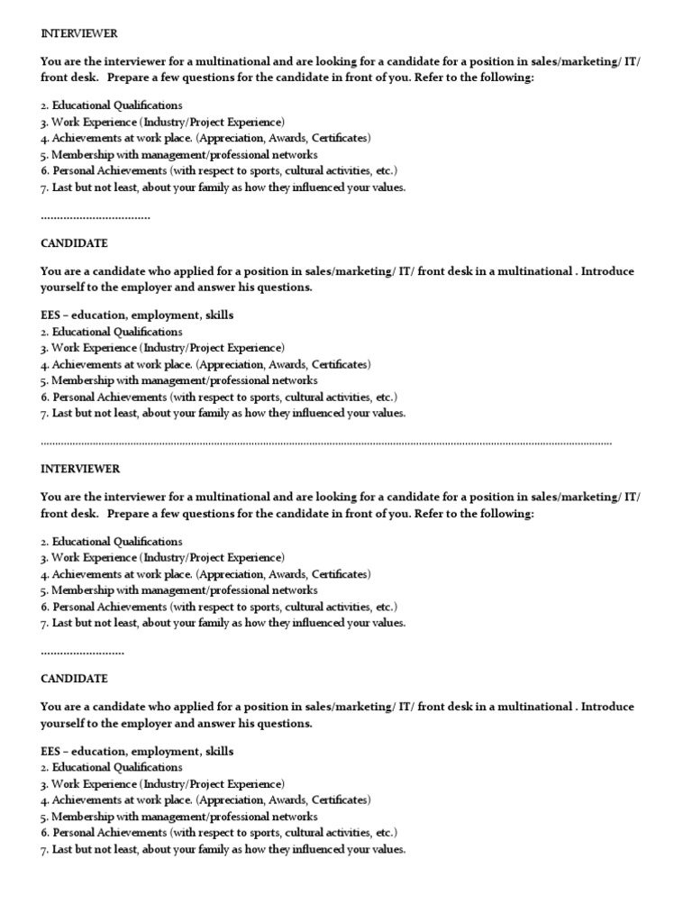 ROLE PLAY JOB Interview PDF Internship Job Hunting