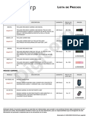 Lista de precios y especificaciones técnicas de teclados y mouse gamer de  la marca HAVIT, PDF, Micrófono