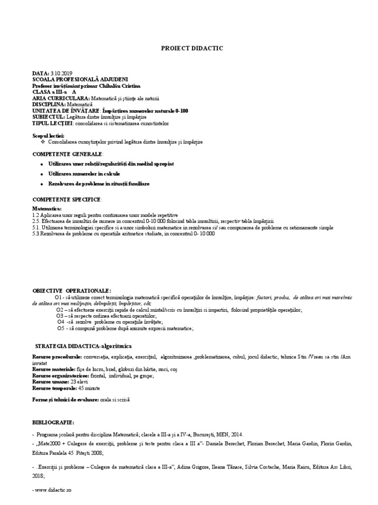 Proiect Didactic Legatura Dintre Inmultire Si Impartire | PDF