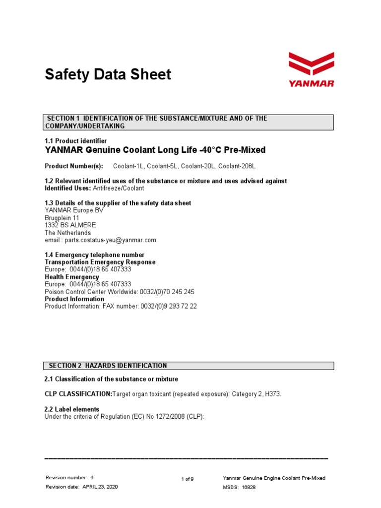 SDS Yanmar Genuine Engine Coolant Long Life ENG PDF Dangerous Goods