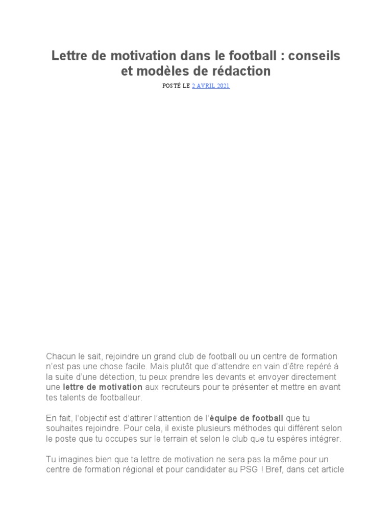 Rédiger une lettre de motivation football PDF Football Motivation — free download