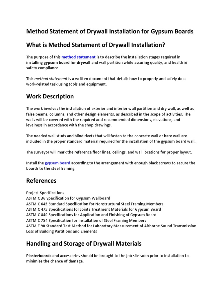 Method Statement of Drywall Installation For Gypsum Boards | PDF ...