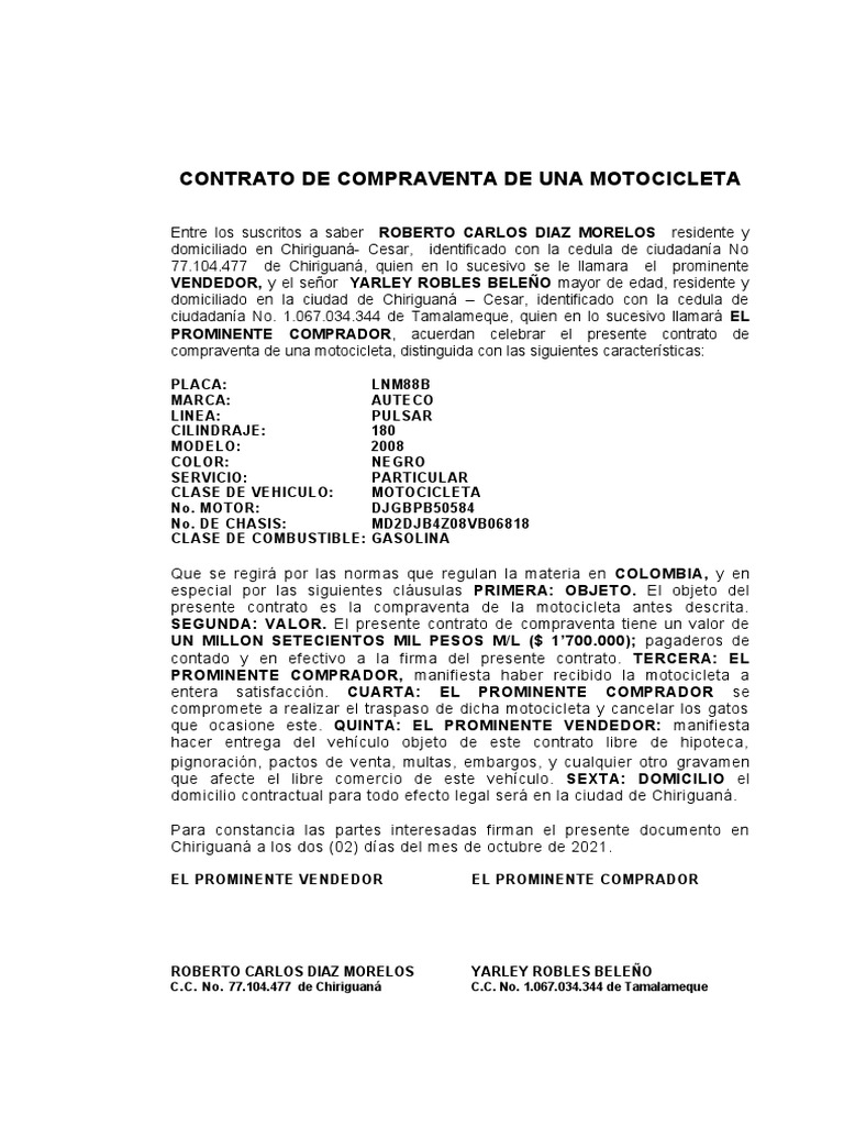 Contrato de Compraventa de Moto | PDF | Finanzas y dinero
