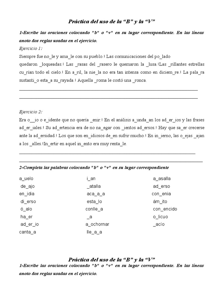 Ejercicios sobre el uso de B y V | PDF | Artes del Lenguaje y Comunicación